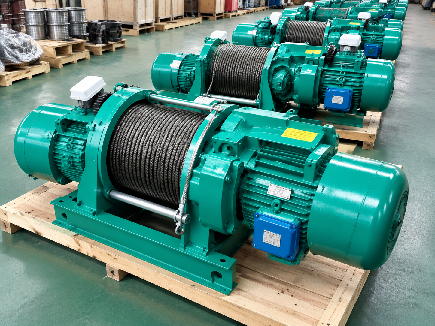 Electric winch hoist finished products ready for export shipment